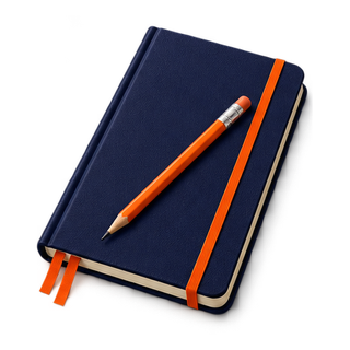 Caderno de capa azul com marcadores e lápis