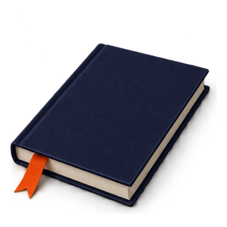 Livro de capa azul fechado, com marcador
